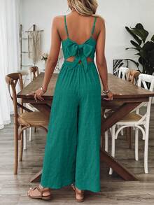 Breezaya Mono de mujer con cuello en V, espalda descubierta y tirantes con lazo, color rosa rojo, para primavera/verano - Verde Oscuro - Ver 3