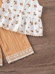 SHEIN Vintaside Kids Young Girl Vacation Casual Heart Print Lace Patchwork Top And Pants 2-Piece Set - Apricot - View 5