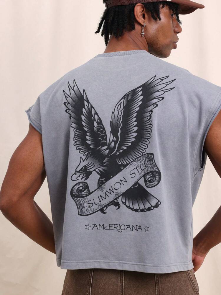 Regata Masculina Ajuste Quadrado Sem Mangas com Estampa de Águia nas Costas, Gola Careca, Casual de Verão Streetwear