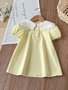SHEIN Vintaside Kids 2026春夏新款柔软舒适弹力面料，时尚新款，SS26度假旅行必备，女童可爱休闲田园风花卉刺绣格子连衣裙，适合夏季穿着 - 黃色 - 查看 2