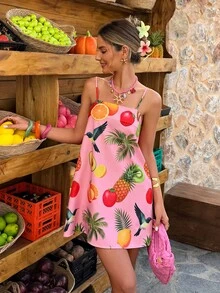 Flora Isola Flora Isola Fuchsia Tropical Fruit Print Camisole Mini Dress, Vacation Style, Spring/Summer - Multicolor - View 1