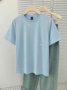 Franclia Casual Rhinestone Embellished Round Neck Plus Size T-Shirt - Baby Blue - View 3
