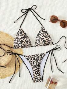 Swim Vcay Bộ bikini hai mảnh buộc dây bên hông, màu đen nền, họa tiết chấm bi trắng ngẫu nhiên, dành cho nữ, mùa Xuân/Hè 2026. - Đen và trắng - Xem 2