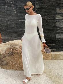 Livesso Đầm đi biển nữ cổ tròn tay dài ôm sát, hở lưng, chất liệu lưới, gợi cảm, thích hợp mặc thường ngày. - Màu be - Xem 5