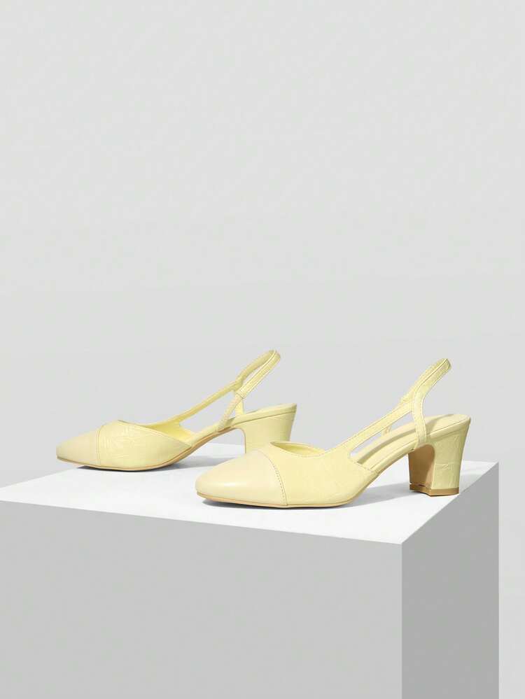 WOMEN SHOES NEW EUROPEAN AND AMERICAN STYLE SIDE AIR SPLICING ROUND TOE MEDIUM THICK HEEL SHOES, GOOSE YELLOW VERSATILE COMFORTABLE CASUAL ELEGANT FASHION SLIP-ON CLASSIC HIGH HEELS