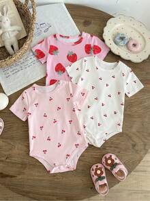 SHEIN Baby Girl Cherry Print Round Neck Short Sleeve Casual Romper - Multicolor - View 10