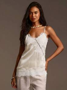 Athîral 女士休闲不对称吊带露肩无袖浪漫性感蓝色蕾丝上衣 - 杏色 - 查看 5