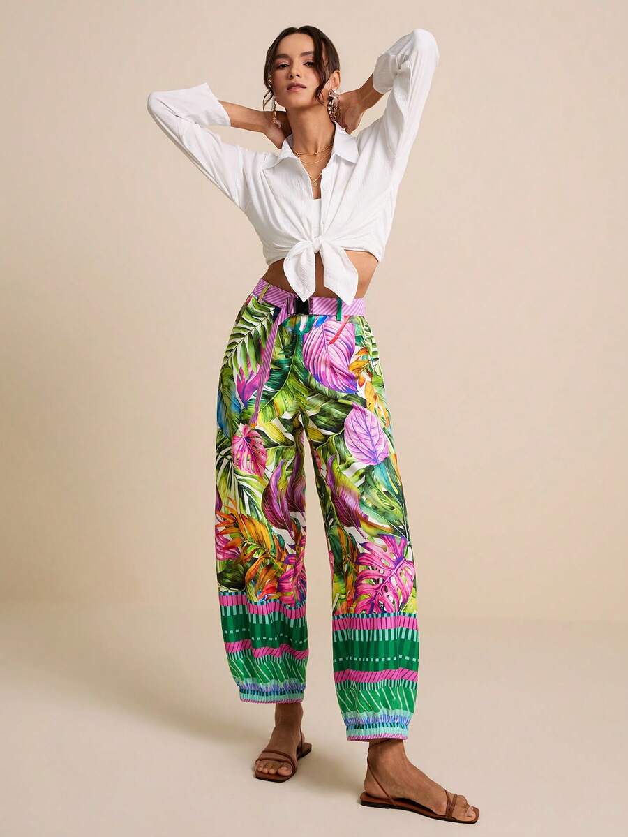 LOTSLUV Women's Floral Tropical Palm Leaf Print Harem Pants With Magenta Belt, Summer Boho Beach Vacation Holiday Tropical, Whimsical Trousers - Green - View 1