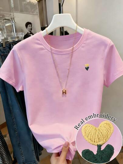 Resyla Camiseta de manga corta de mujer con cuello redondo, bordado de corazón, casual y versátil para uso diario