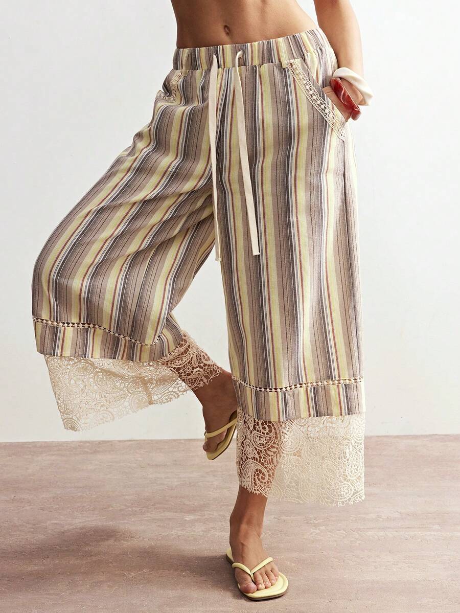 Bohemela 女士休闲梭织条纹拼接宽松阔腿条纹蕾丝拼接裤 女士夏季裤 条纹裤 波西米亚风裤 - 彩色 - 查看 1