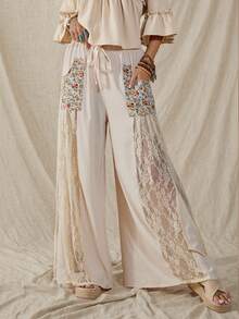 Wildy Phong cách lễ hội âm nhạc Boho, trang phục thường ngày kiểu miền Tây, chất liệu ren và hoa, phối hợp nhiều mảnh, dành cho nữ mùa xuân/hè. Quần ống rộng thoải mái, thích hợp mặc hàng ngày, đi làm, đi nghỉ mát, bộ đồ Boho cho nữ, trang phục đi biển, trang phục mùa hè cho nữ, quần áo lấy cảm hứng từ Free People. - Màu be - Xem 9