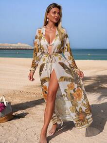 Swim Lushoire Fashionable High-End Printed Drawstring Tie Swimsuit Cover-Up Kimono For Women, Summer - Multicolor - View 3
