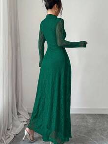 Modelyn Đầm ren màu đỏ rượu vang cổ cao, eo thắt eo dành cho nữ - Màu xanh lá cây đậm - Xem 2