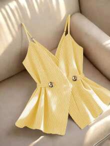 Franclia Áo camisole nữ kiểu dáng thường ngày kẻ sọc có cúc trang trí - Màu vàng - Xem 1