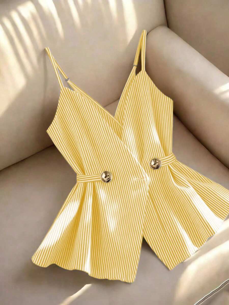 Franclia Áo camisole nữ kiểu dáng thường ngày kẻ sọc có cúc trang trí - Màu vàng - Xem 1