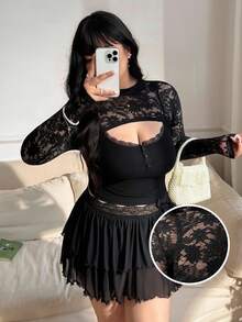 SHEIN CovetEZ 女士加大码蕾丝拼接立领时尚百搭长袖上衣 - 黑色 - 查看 8