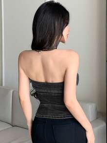 DAZY Áo tank top crop top ôm sát gợi cảm kiểu dáng lễ hội âm nhạc, vạt áo bất đối xứng, phối nhiều mảnh vải, thích hợp cho nữ mùa hè và mùa xuân. - Xám - Xem 3