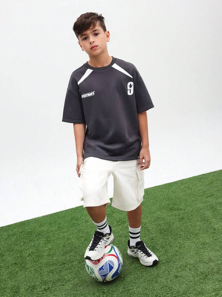 Chłopięca luźna koszulka z nadrukiem z nazwami miast i napisem Madryt, Paryż, Londyn, Rio, krótki rękaw, okrągły dekolt, letnia, swobodna odzież uliczna, Puchar Świata