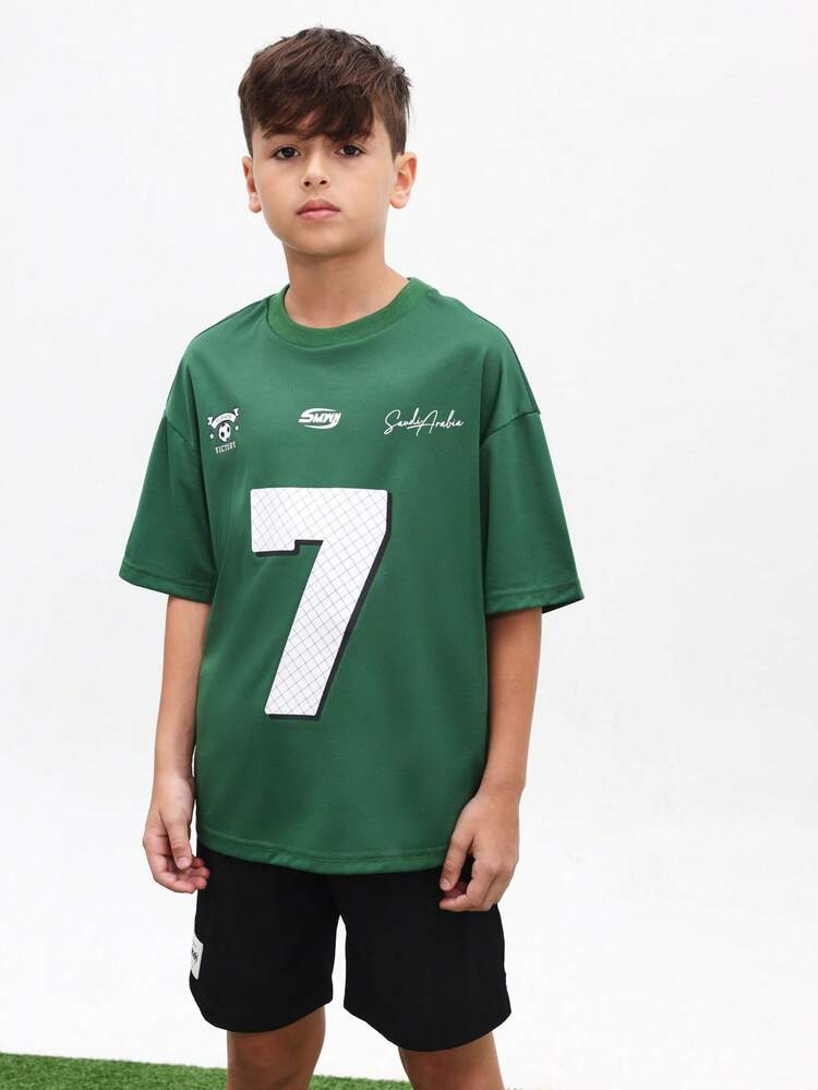 Boys Green Mesh Sports Jersey Tee With White Number 7 Print And Saudi Arabia Signature Design Regular Fit Short Sleeve , World Cup