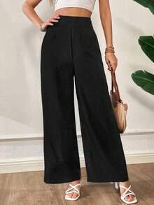 SHEIN Essnce 夏季裤子女士条纹抽绳腰直筒宽松休闲裤 - 黑色 - 查看 6