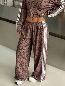 SHEIN EZwear 女士豹纹针织阔腿运动裤，春夏款 - 棕色 - 查看 2