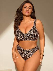 Swim SXY Plus Size Women's Fashionable Leopard Print High Waist Triangle Bottom Swimwear - Black - View 3