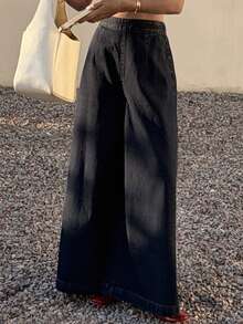 DAZY 女士休闲水洗高腰阔腿牛仔裤 - 藍色 - 查看 1