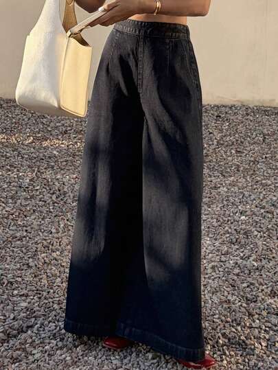 DAZY Damen Lässige Verwaschen High Waist Weite Bein Jeans