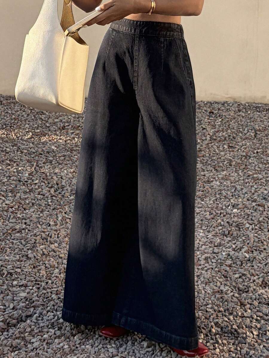 DAZY 女士休闲水洗高腰阔腿牛仔裤 - 藍色 - 查看 1