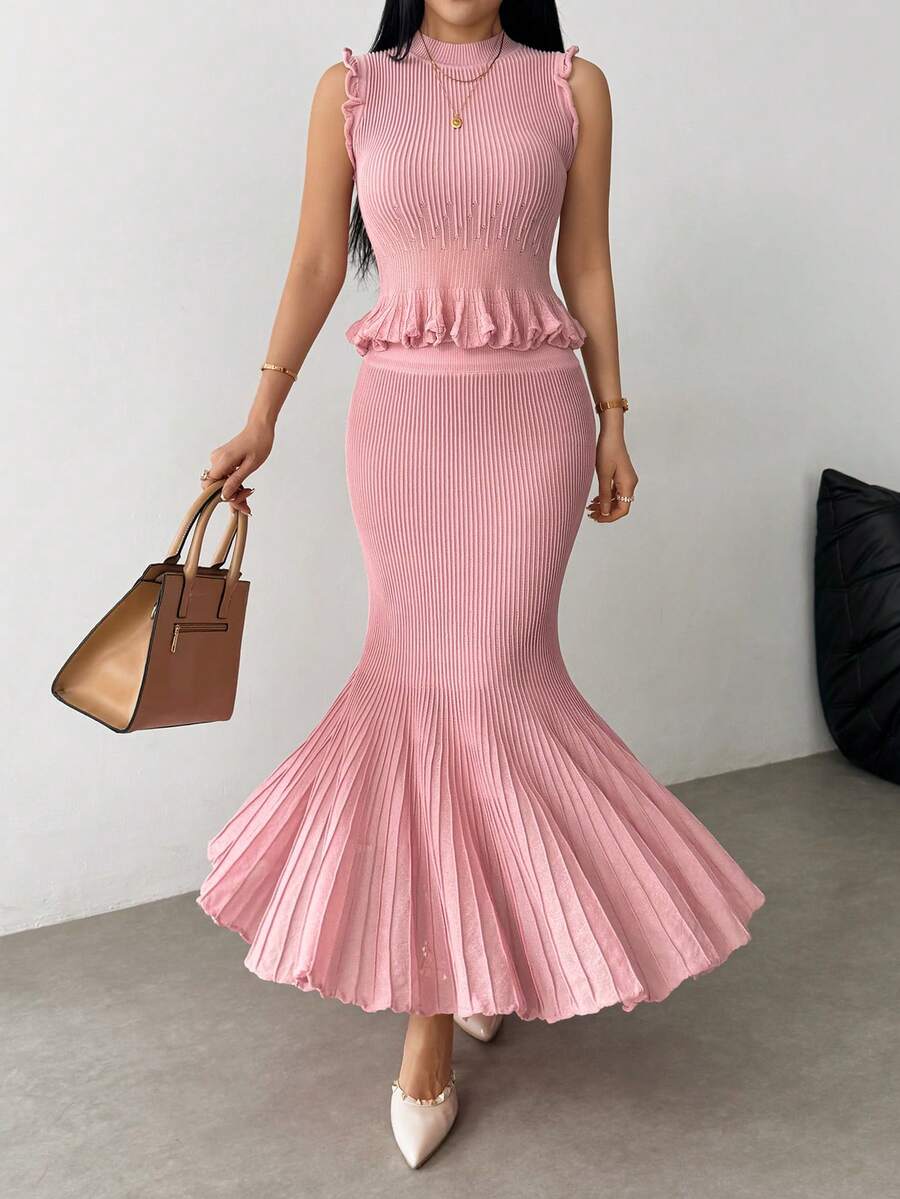 Modelyn Bộ 2 món kiểu dáng thanh lịch dành cho quý cô: Áo vest dệt kim không tay và chân váy dài xếp ly. - Hồng - Xem 1