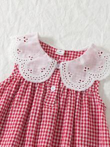 Đầm công chúa không tay cổ ren màu đỏ trắng kẻ caro năng động mới dành cho bé gái, thích hợp cho tiệc sinh nhật và mùa hè. - Đỏ - Xem 8