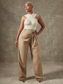 Vixey High Waist Elastic Back Band Asymmetrical Wrap Over Woven Pants - Apricot - View 2