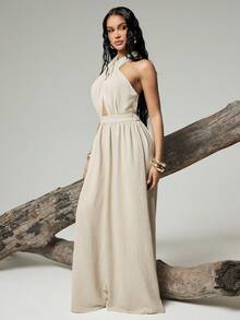 Hauture Đầm maxi nữ gợi cảm, cổ yếm chéo phía trước, hở lưng. - Màu be - Xem 3