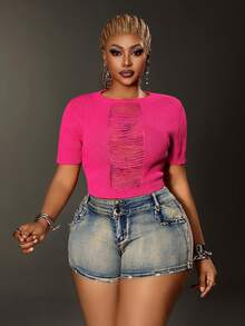 Maweii Suéter de mujer talla grande, tejido, top de manga corta, cuello redondo, color rojo rosa, primavera y verano, con recortes, diseño con sentido, vacaciones, sexy, estilizador, top corto - Rosa Fucsia - Ver 5