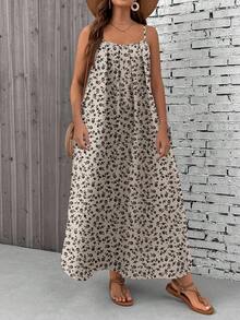 EMERY ROSE Plus Size Pattern Spaghetti Strap Backless Vacation Style Loose & Comfortable Dress,Beach Dress Sundress,Holiday Outfits Boho - Khaki - View 1