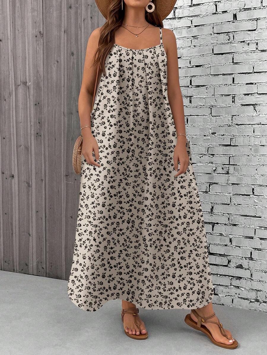 EMERY ROSE Plus Size Pattern Spaghetti Strap Backless Vacation Style Loose & Comfortable Dress,Beach Dress Sundress,Holiday Outfits Boho - Khaki - View 1