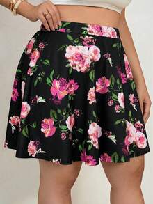 SHEIN Tall CURVE Falda-pantalón con estampado floral bohemio de talla grande para mujer, con bolsillos, para vacaciones - Negro - Ver 4