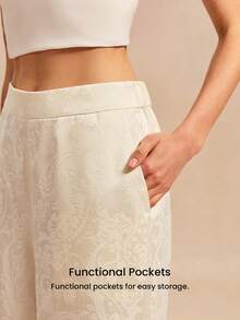 LUVLETTE Cream Satin Wide-Leg Sleep Pants - Pattern Lounge Trousers Elegant Home Wear Culotte Pyjama - Apricot - View 5