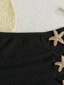 SHEIN 少女夏季海滩度假海星装饰迷你长袍和裙子套装 - 黑色 - 查看 4