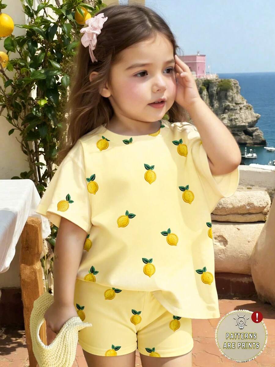 Souflis Souflis 2pcs/Set Baby Girl Vacation Style Cute Lemon Print Top And Lemon Print Shorts Set, Suitable For Outdoor Summer - Multicolor - View 1