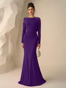 Coutiva Women's Beaded Backless Mermaid Formal Evening Gown (Heavily Embellished) - Purple - View 2