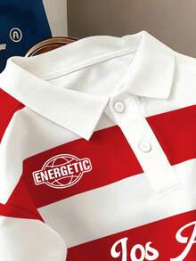 Manfinity Joysei Men's Striped & Letter Print Short Sleeve Polo Shirt - Red and White - View 3