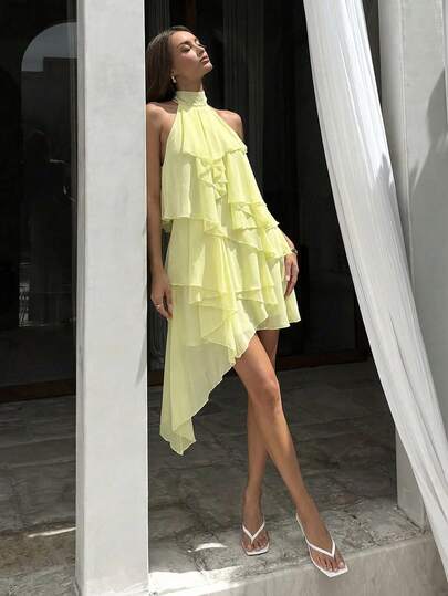 Aloruh Women's Elegant Romantic Fashionable Lightweight Chiffon Ruffled Hem Asymmetrical Hem Mini Dress, Suitable For Vacation, Dating, Dining Out, Beach