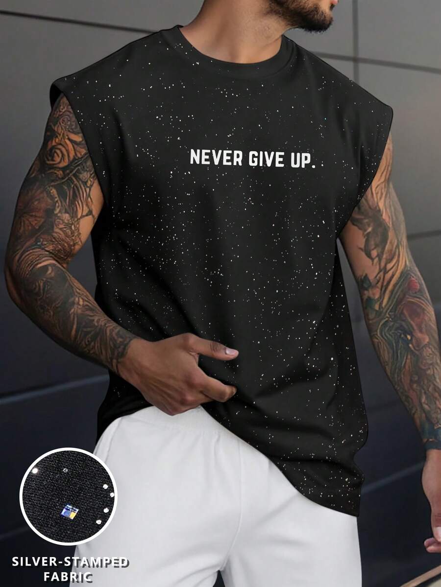 Manfinity Homme Áo tank top nam dáng rộng, thời trang đường phố, in chữ nổi tiếng bằng nhũ bạc, thích hợp mặc đi làm hàng ngày vào mùa hè. - màu đen - Xem 1