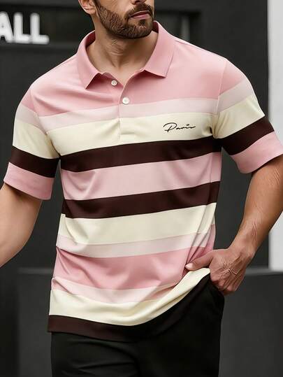 Manfinity Homme Business Casual Men's Pink-Brown Striped Polo Shirt, Mature Style Chest Logo Letter Casual Short Sleeve Top, Casual Business Contrast Color Collar Short Sleeve T-Shirt, Men's Contrast Striped Collar Polo Shirt Minimalist Texture, Suitable As Gift For Loved Ones