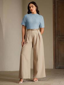 Anewsta 女士加大码优雅时尚假日沙滩休闲褶皱杏色短袖T恤，夏季 - 藍色 - 查看 5