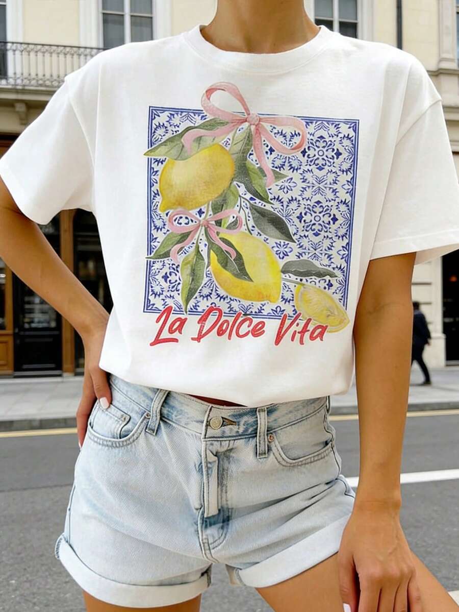 SHEIN 女士休闲日常通勤度假风蝴蝶结柠檬字母印花宽松落肩白色T恤，夏季 - 白色 - 查看 1