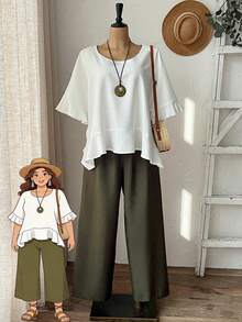 Rusticease Plus Size White Round Neck Asymmetric Hem Top And Green Pants,2 Pieces Set For Women,Summer Boho Vacation Holiday Casual Spring Country Style Outfit - Multicolor - View 1