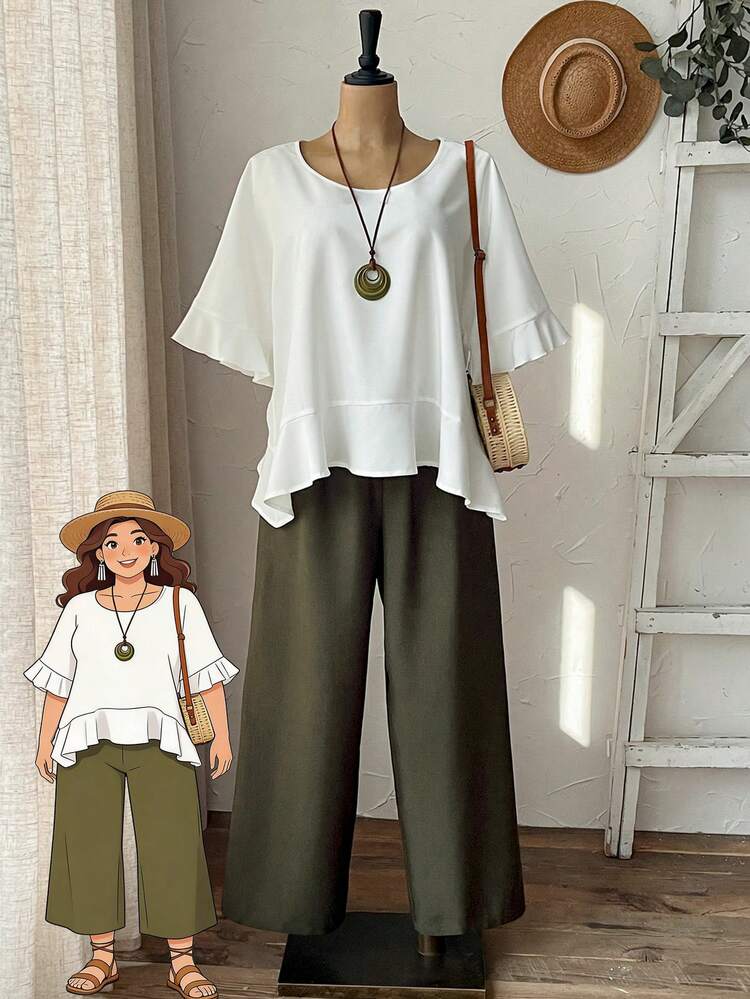 Plus Size White Round Neck Asymmetric Hem Top And Green Pants Casual 2 Pieces Set Summer Outfits Summer Clothes  Spring  Spring Outfit Women Spring Clothes Country Style For Women Women's Summer Two-Piece Sets