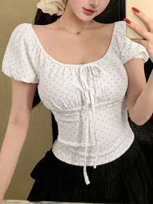 DAZY Women's Polka Dot Twist Fitted Casual Daily Short Sleeve T-Shirt - White - View 3